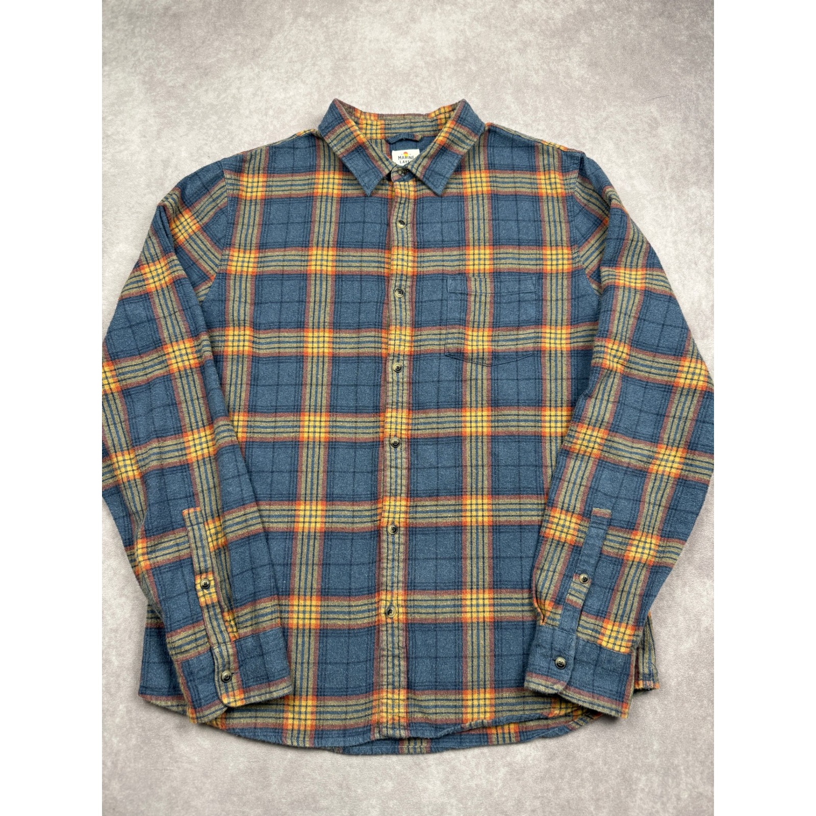 Marine Layer Men L Blue Orange Plaid Flannel Button Sleeve Shirt Cozy Casual